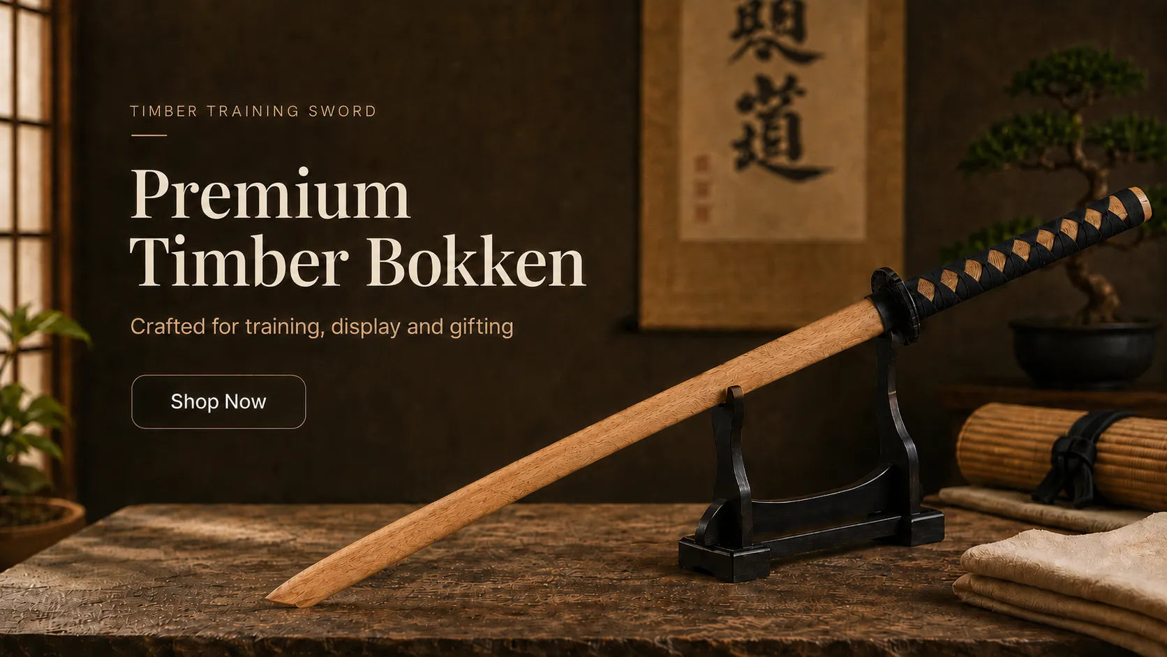 Premium timber bokken double sword lifestyle banner