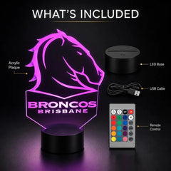 Brisbane Broncos Personalised 3D LED Night Light Lamp - KustomboxNight Lights & Ambient LightingKustomboxStandard Size + Name in Matching Team StyleBlack 16 Colours + Remote