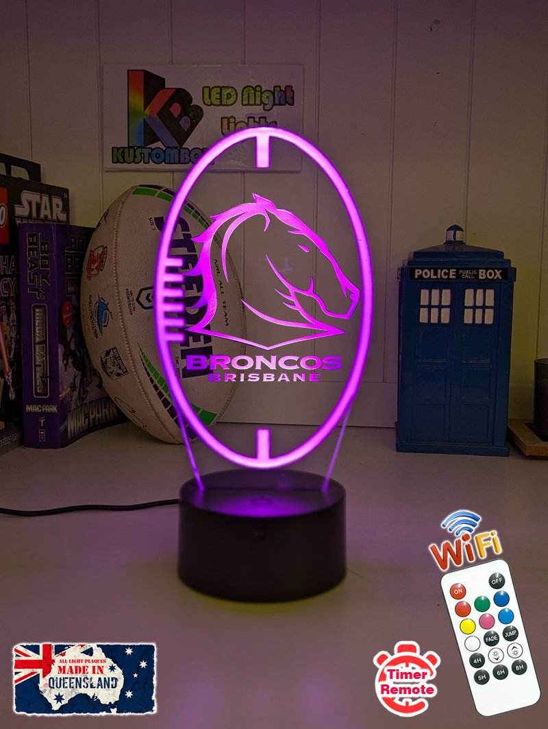 Personalised Brisbane Broncos 3D LED night light glowing in 7 colours, perfect for kids or man caves