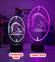 Custom Brisbane Broncos LED lamp with engraved name, multi-colour lighting for rugby league fans size chart