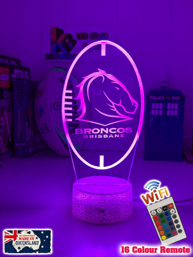 Brisbane Broncos logo 3D acrylic light with 16-colour remote, ideal NRL gift for bedroom or bar, white crackle base 