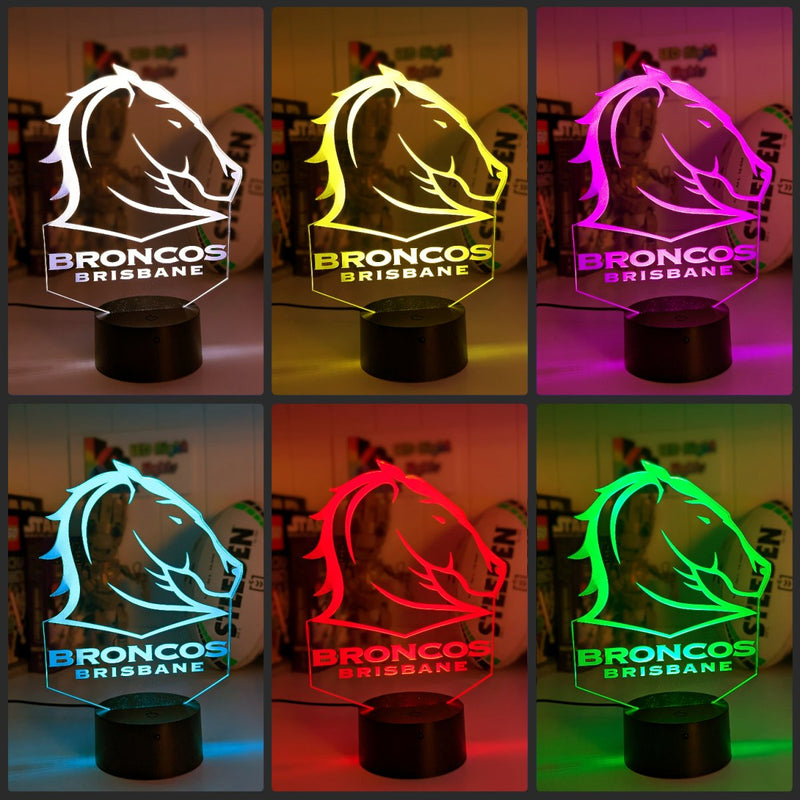 Brisbane Broncos custom 3D LED lamp with name engraving and colour-changing effects collage 