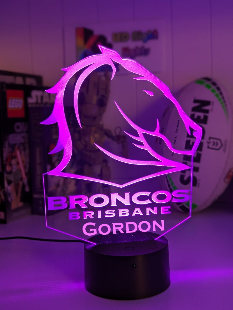 Personalised Brisbane Broncos acrylic LED night lamp, flashing or fading   team logo display