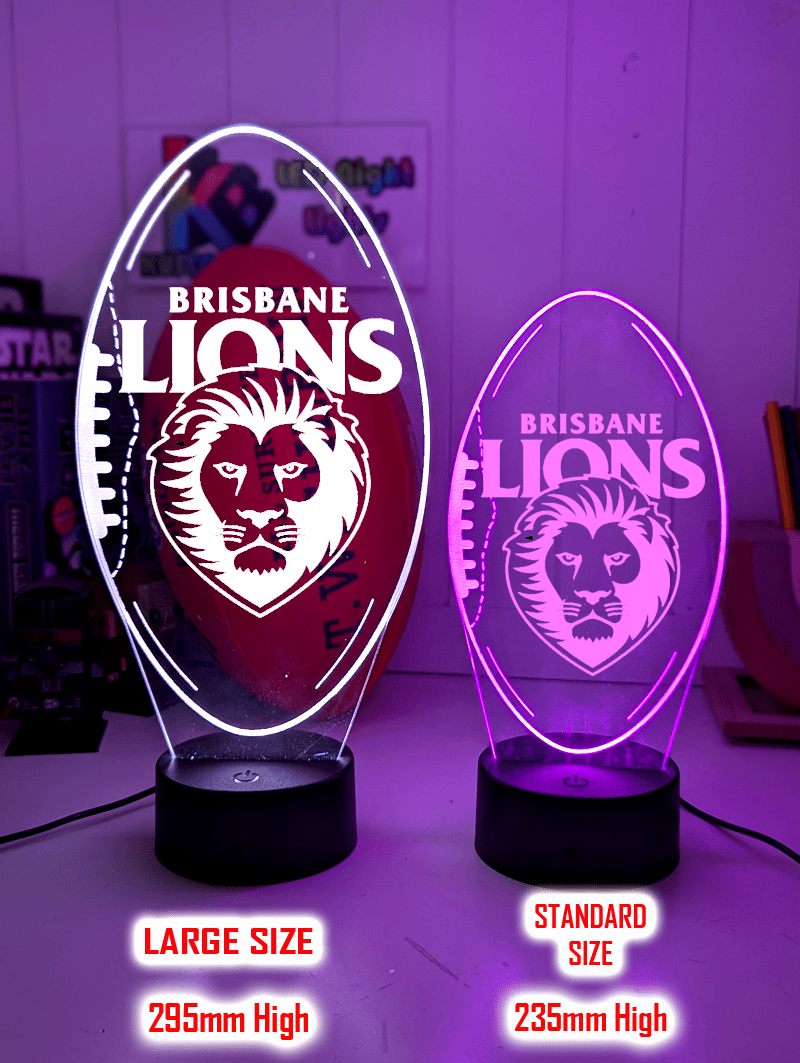 Personalised Brisbane Lions 3D LED lamp with custom name engraving and 16-colour glow.