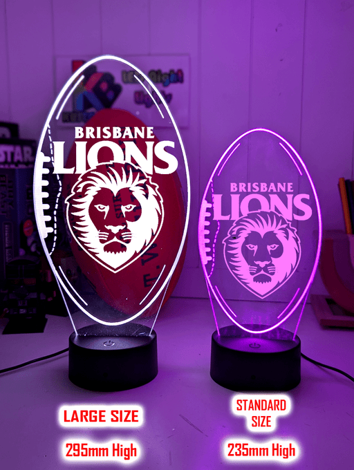 Personalised Brisbane Lions 3D LED lamp with custom name engraving and 16-colour glow.