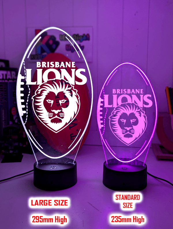 Personalised Brisbane Lions 3D LED lamp with custom name engraving and 16-colour glow.