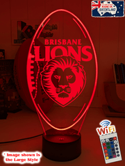 Brisbane Lions 3D LED night light glowing softly in a child’s bedroom with remote control for team fans 