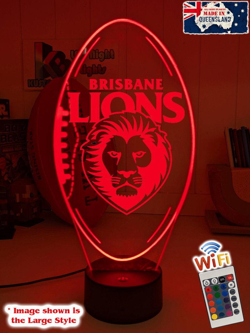 Brisbane Lions 3D LED night light glowing softly in a child’s bedroom with remote control for team fans 