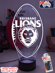Side view of Brisbane Lions ball LED lamp with 16-colour light modes and remote.