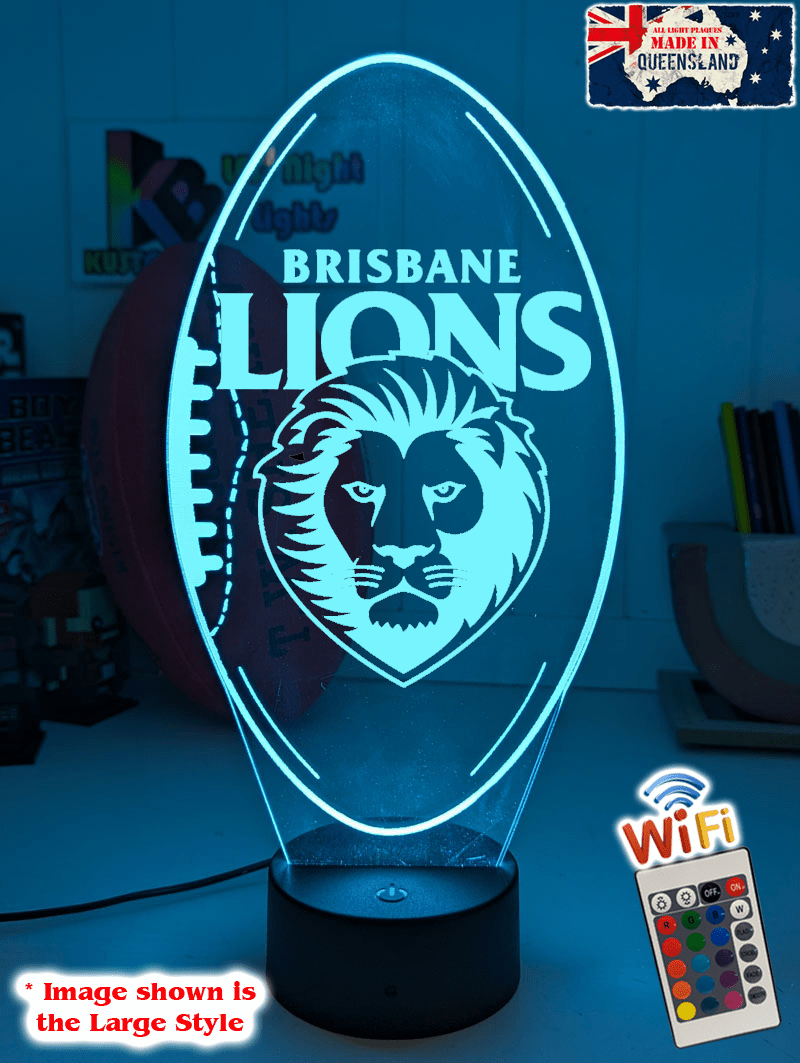 BBrisbane Lions 3D LED night light glowing softly in a child’s bedroom with remote control.