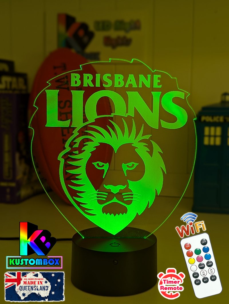 Brisbane Lions 3D LED lamp with 16-colour remote control – adjustable brightness and fade.