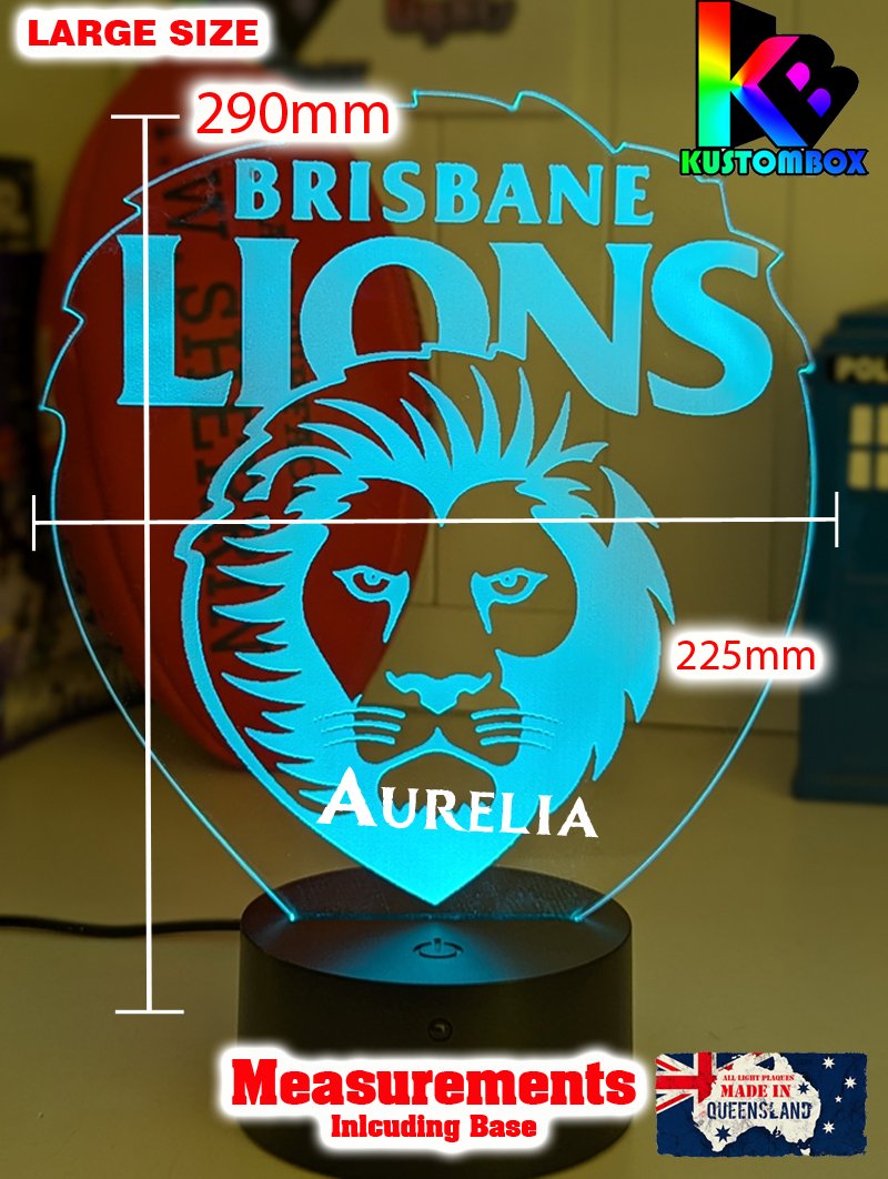 Brisbane Lions 3D LED night light glowing softly in a child’s bedroom with remote control. large size lamp