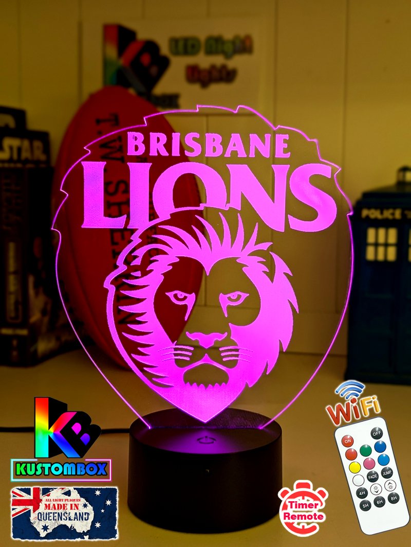Personalised Brisbane Lions 3D LED lamp with custom name engraving and 16-colour glow.