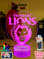 Brisbane Lions 3D LED light glowing in red, blue, green, yellow, purple, white and more.
