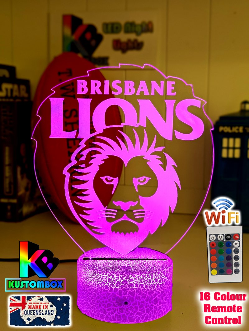 Brisbane Lions 3D LED light glowing in red, blue, green, yellow, purple, white and more.