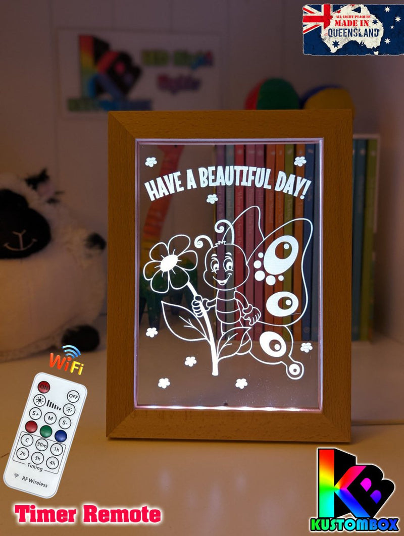Butterfly - Have a beautiful Day Motivational Quote Timber Frame USB 3D LED Night Light Lamp - KustomboxNight Lights & Ambient LightingKustomboxTimber Frame Light