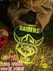 Vibrant 7-colour Canberra Raiders LED bauble for NRL fans – rechargeable and personalised