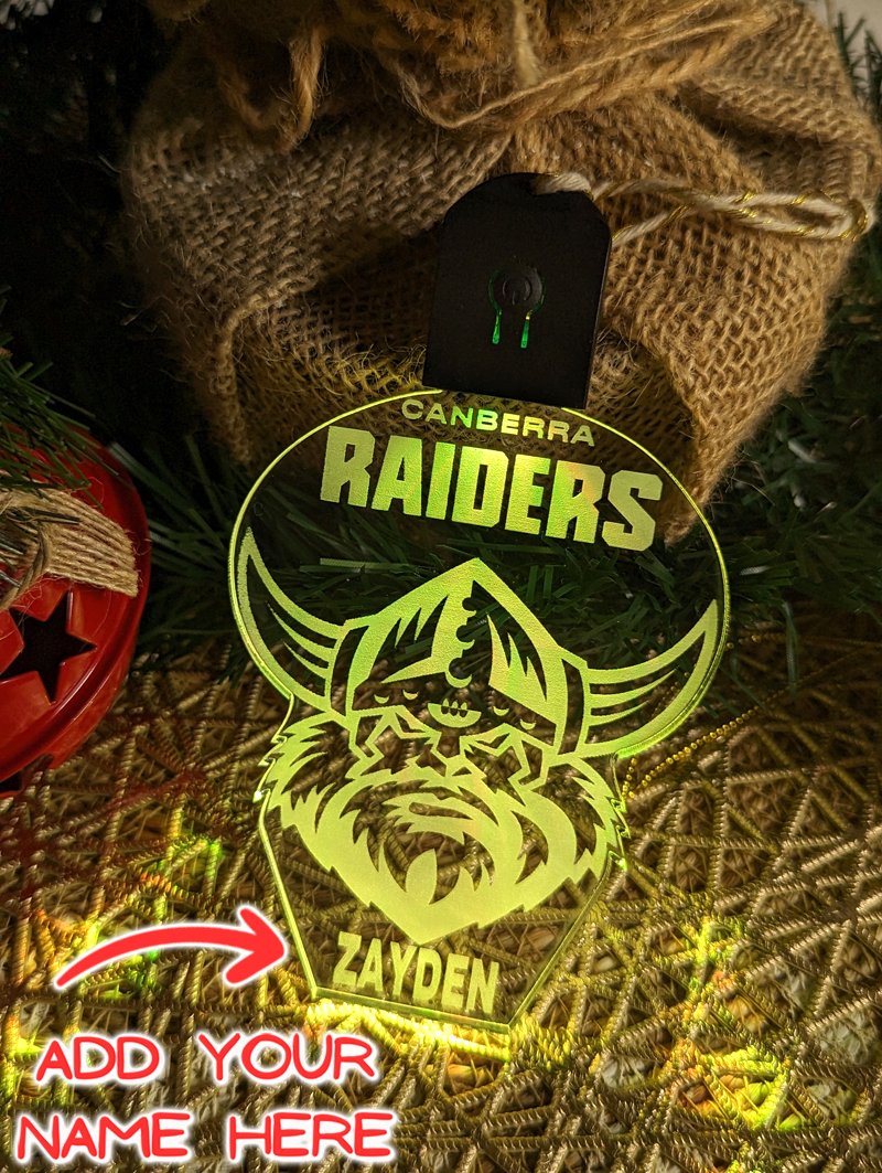 Vibrant 7-colour Canberra Raiders LED bauble for NRL fans – rechargeable and personalised
