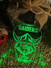 Canberra Raiders 7 colour rechargeable LED acrylic light bauble with custom name engraving