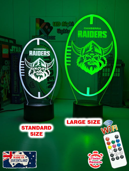 Personalised Canberra Raiders 3D LED night light glowing in 7 colours, perfect for kids or man caves. dual size option 