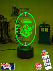 Custom Canberra Raiders LED lamp with engraved name, multi-colour lighting for rugby league fans. Green colour black base 