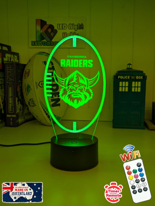 Custom Canberra Raiders LED lamp with engraved name, multi-colour lighting for rugby league fans. Green colour black base 