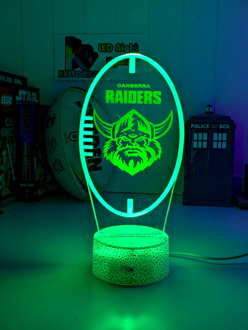 Canberra Raiders logo 3D acrylic light with 16-colour remote, ideal NRL gift for bedroom or bar, white crackle base 