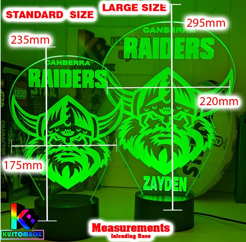 Personalised Canberra Raiders acrylic LED night lamp, flashing or fading NRL team logo display. Measurement chart 