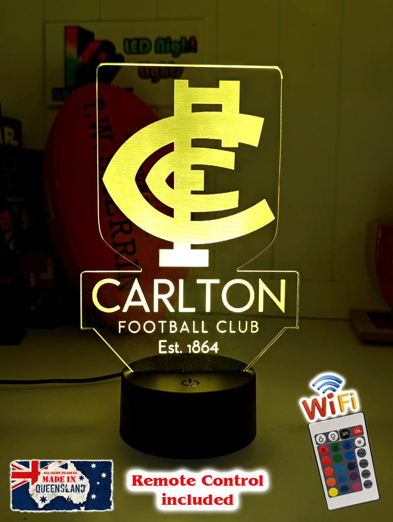 Carlton Blues logo outline 3D LED light glowing in red, blue, green, yellow, purple, white and more