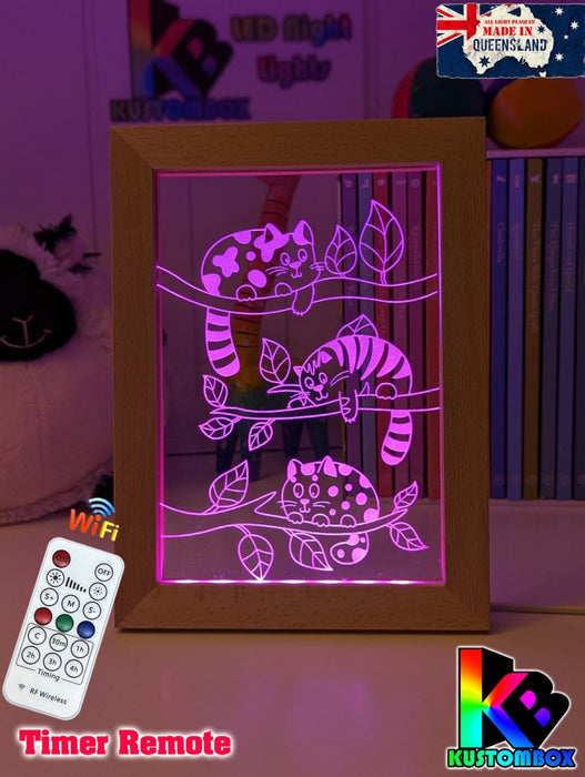 Cats Laying in Trees Personalised Name Timber Picture Frame USB 3D LED Night Light Lamp - KustomboxNight Lights & Ambient LightingKustomboxTimber Frame Light