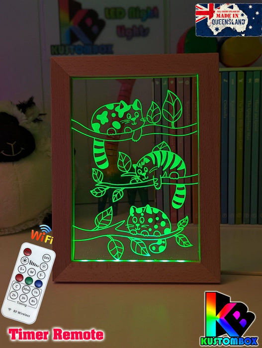 Cats Laying in Trees Personalised Name Timber Picture Frame USB 3D LED Night Light Lamp - KustomboxNight Lights & Ambient LightingKustomboxTimber Frame Light