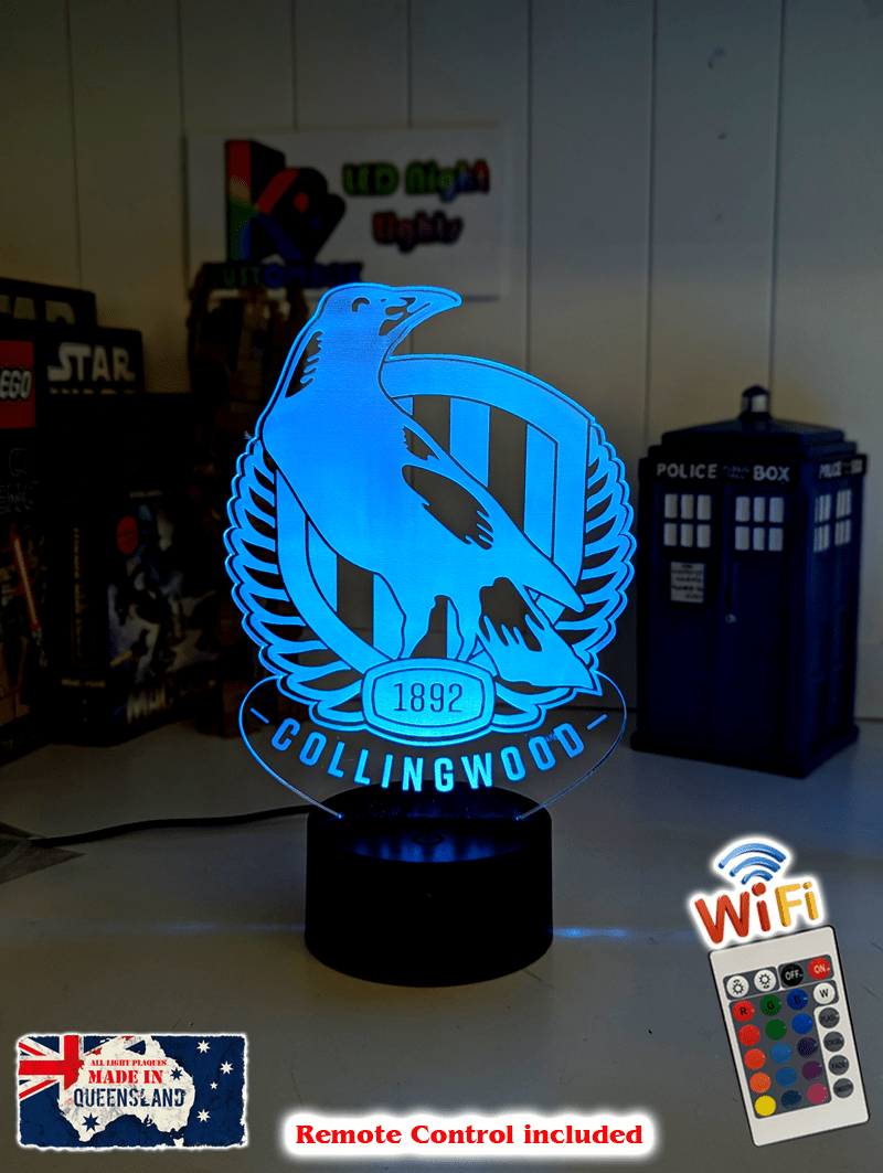 Collingwood Magpies 3D LED light glowing in red, blue, green, yellow, purple, white and more.