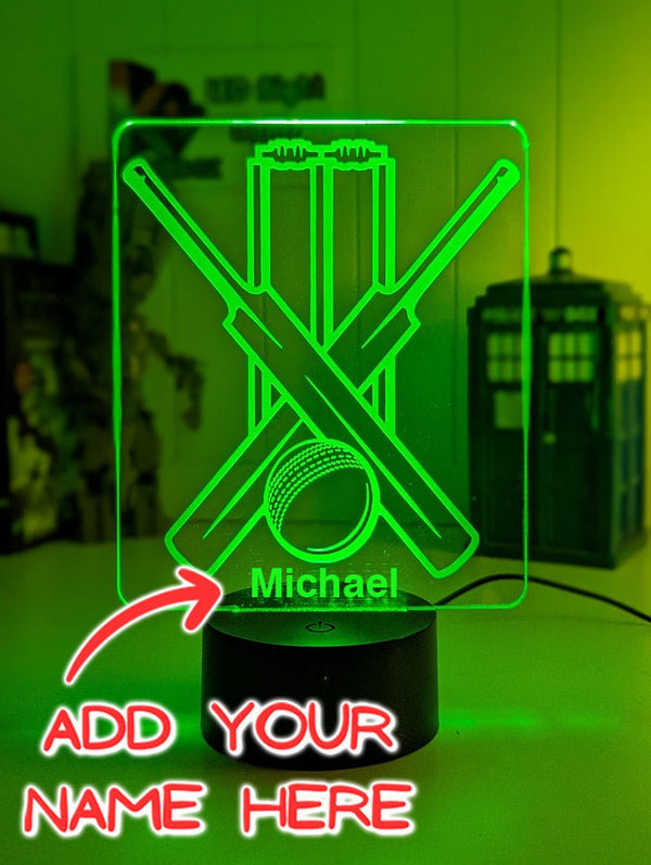 CRICKET BAT AND BALL PERSONALISED NAME 3D LED NIGHT LIGHT LAMP + REMOTE CONTROL - KustomboxNight Lights & Ambient LightingKustomboxStandard Black Base