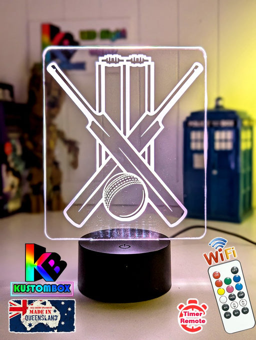 CRICKET BAT AND BALL PERSONALISED NAME 3D LED NIGHT LIGHT LAMP + REMOTE CONTROL - KustomboxNight Lights & Ambient LightingKustomboxStandard Black Base