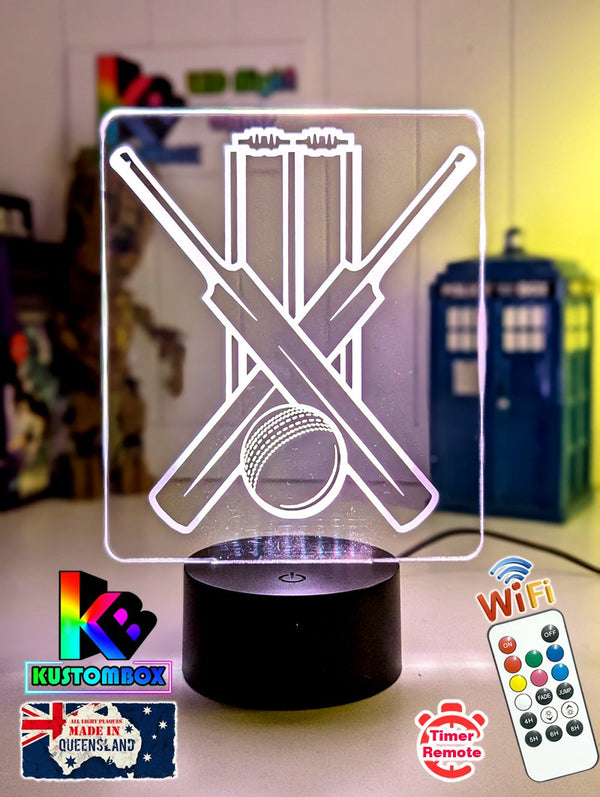 CRICKET BAT AND BALL PERSONALISED NAME 3D LED NIGHT LIGHT LAMP + REMOTE CONTROL - KustomboxNight Lights & Ambient LightingKustomboxStandard Black Base