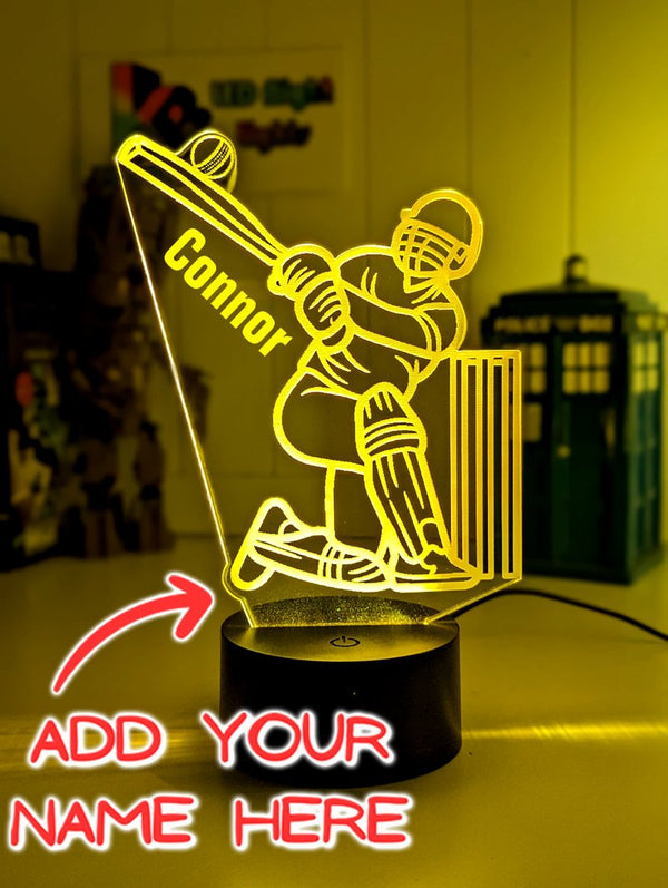 CRICKET BATSMAN PERSONALISED NAME 3D LED NIGHT LIGHT LAMP + REMOTE CONTROL - KustomboxNight Lights & Ambient LightingKustomboxStandard Black Base