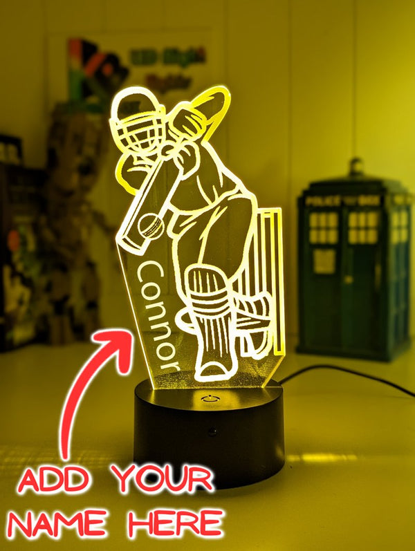 CRICKET BATSMAN & STUMPS PERSONALISED NAME 3D LED NIGHT LIGHT LAMP + REMOTE CONTROL - KustomboxNight Lights & Ambient LightingKustomboxStandard Black Base