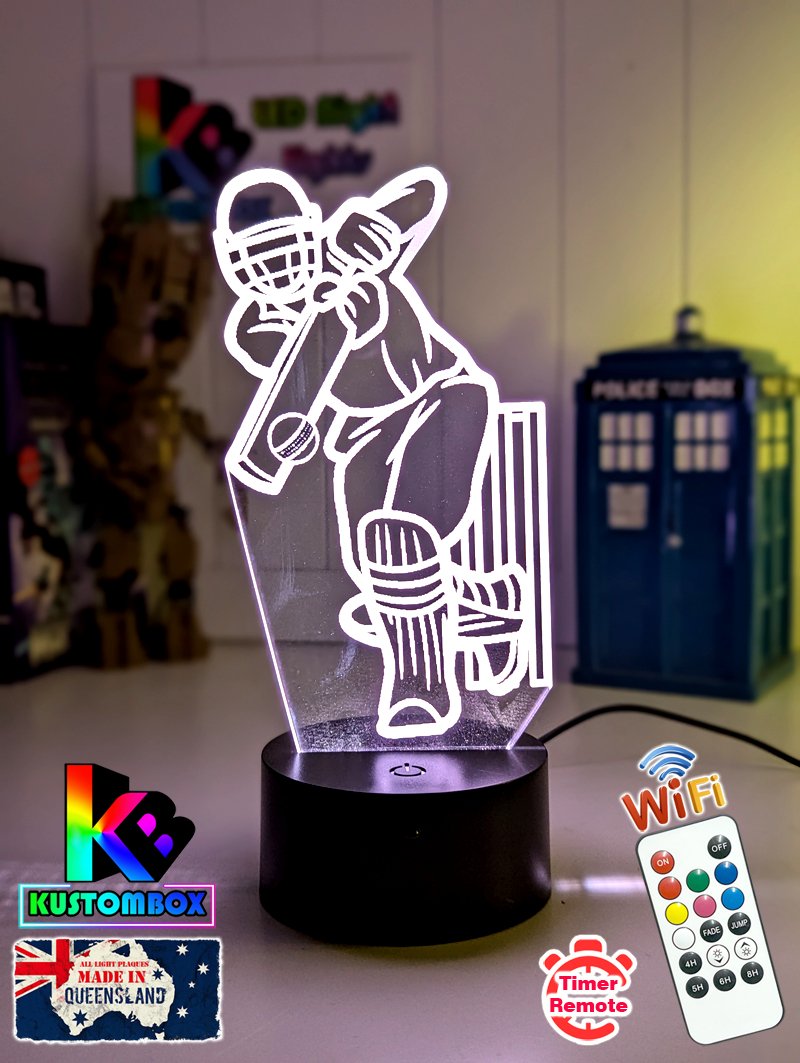 CRICKET BATSMAN & STUMPS PERSONALISED NAME 3D LED NIGHT LIGHT LAMP + REMOTE CONTROL - KustomboxNight Lights & Ambient LightingKustomboxStandard Black Base