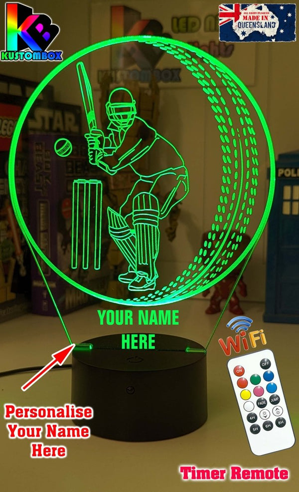 CRICKET PLAYER BATSMAN PERSONALISED NAME 3D LED NIGHT LIGHT LAMP + REMOTE CONTROL - KustomboxNight Lights & Ambient LightingKustomboxStandard Black Base
