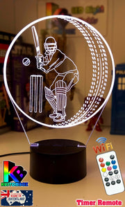 CRICKET PLAYER BATSMAN PERSONALISED NAME 3D LED NIGHT LIGHT LAMP + REMOTE CONTROL - KustomboxNight Lights & Ambient LightingKustomboxStandard Black Base