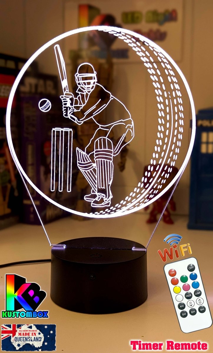 CRICKET PLAYER BATSMAN PERSONALISED NAME 3D LED NIGHT LIGHT LAMP + REMOTE CONTROL - KustomboxNight Lights & Ambient LightingKustomboxStandard Black Base