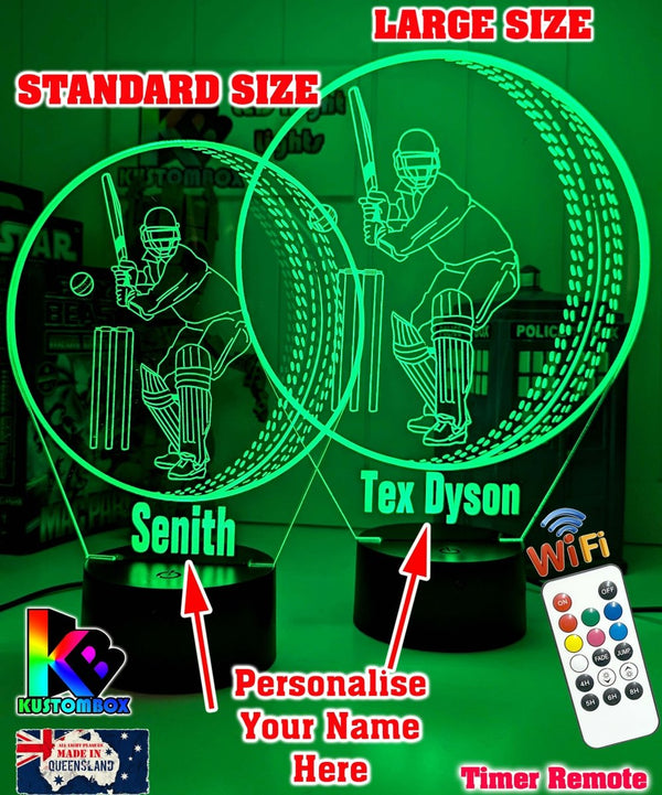 CRICKET PLAYER BATSMAN PERSONALISED NAME 3D LED NIGHT LIGHT LAMP + REMOTE CONTROL - KustomboxNight Lights & Ambient LightingKustomboxStandard Black Base