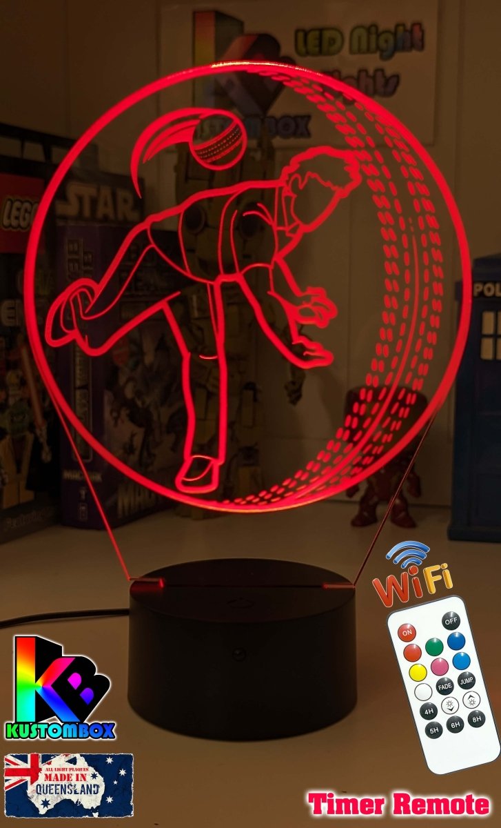 CRICKET PLAYER BOWLER PERSONALISED NAME 3D LED NIGHT LIGHT LAMP + REMOTE CONTROL - KustomboxNight Lights & Ambient LightingKustomboxStandard Black Base
