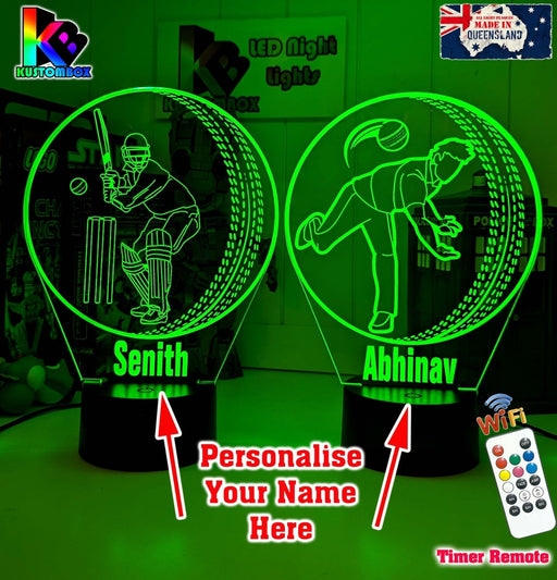 CRICKET PLAYER BOWLER PERSONALISED NAME 3D LED NIGHT LIGHT LAMP + REMOTE CONTROL - KustomboxNight Lights & Ambient LightingKustomboxStandard Black Base