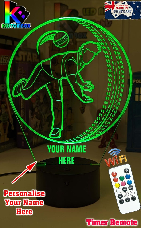 CRICKET PLAYER BOWLER PERSONALISED NAME 3D LED NIGHT LIGHT LAMP + REMOTE CONTROL - KustomboxNight Lights & Ambient LightingKustomboxStandard Black Base