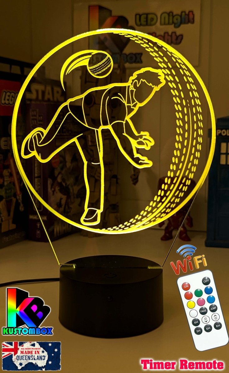 CRICKET PLAYER BOWLER PERSONALISED NAME 3D LED NIGHT LIGHT LAMP + REMOTE CONTROL - KustomboxNight Lights & Ambient LightingKustomboxStandard Black Base