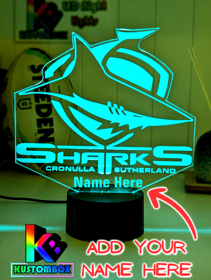Cronulla Sharks 3D LED Night Light Personalised Name Lamp 16 Colour Remote - KustomboxNight Lights & Ambient LightingKustomboxStandard Size - Personalised Name