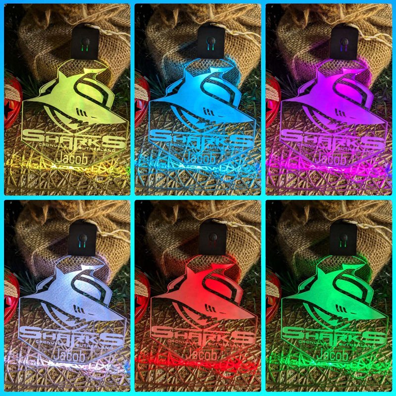 Personalised Cronulla Sharks LED acrylic bauble glowing in multiple colours with team logo