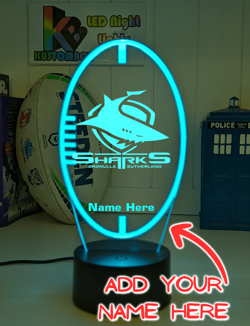 Cronulla Sharks Personalised Ball Shaped 3D LED Night Light Custom Name Lamp - KustomboxNight Lights & Ambient LightingKustomboxStandard Size Name Option