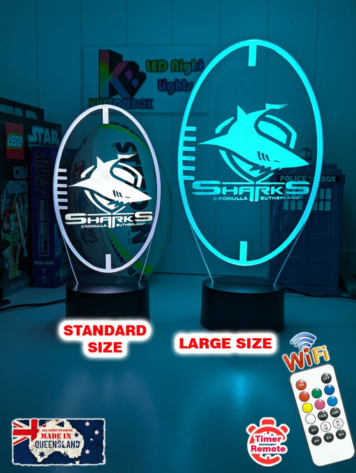 Custom Cronulla Sharks LED lamp with engraved name, multi-colour lighting for rugby league fans, ball shape Lamp